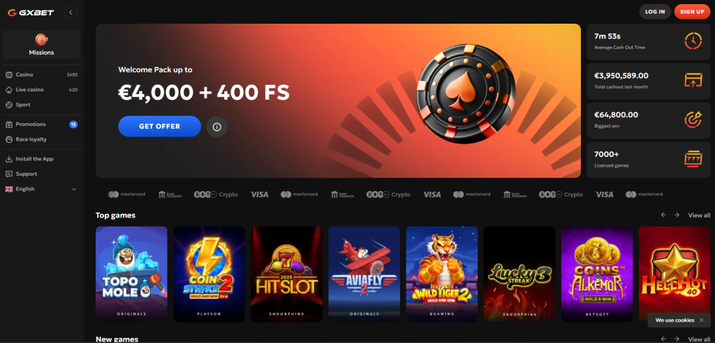 buitenlandse aanbieder gxbet casino homepage screenshot
